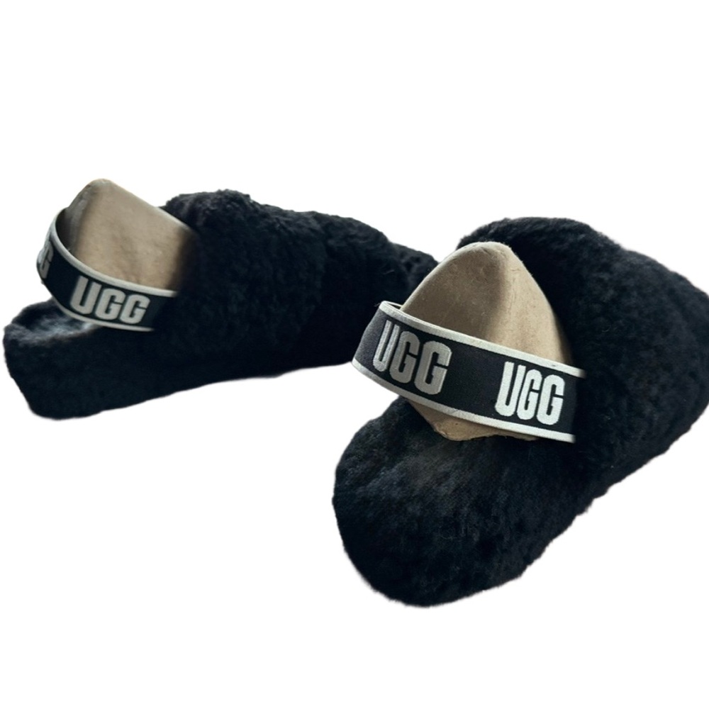 UGG Fluff Yeah Black Sheepskin Slingback Platform Slide Slippers – Size 9 - Picture 8 of 12